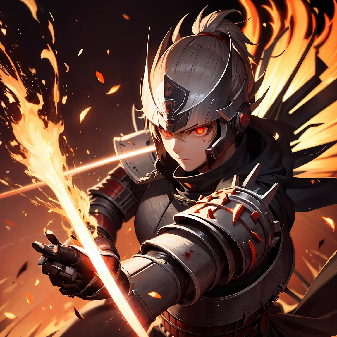a samurai, with cybernetic armor, holding a sword embedded in fire, with a little blood on the armor, with red glow in the eyes