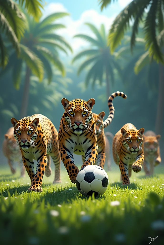 7 jaguars watching another 7 jaguars on a soccer field