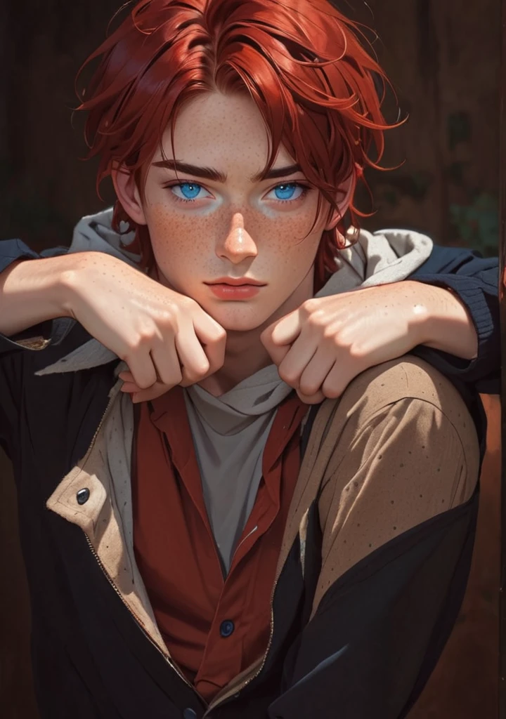 Boy, beautiful, red hair, Blue eyes, freckles seductive 