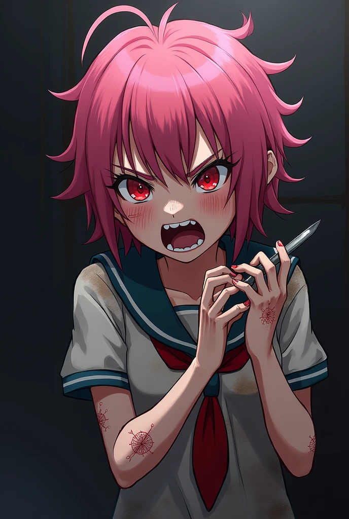 Draw a high school girl with short pink hair, wearing a gray hoodie and black shorts, with a knife stuck in her left arm and bleeding.