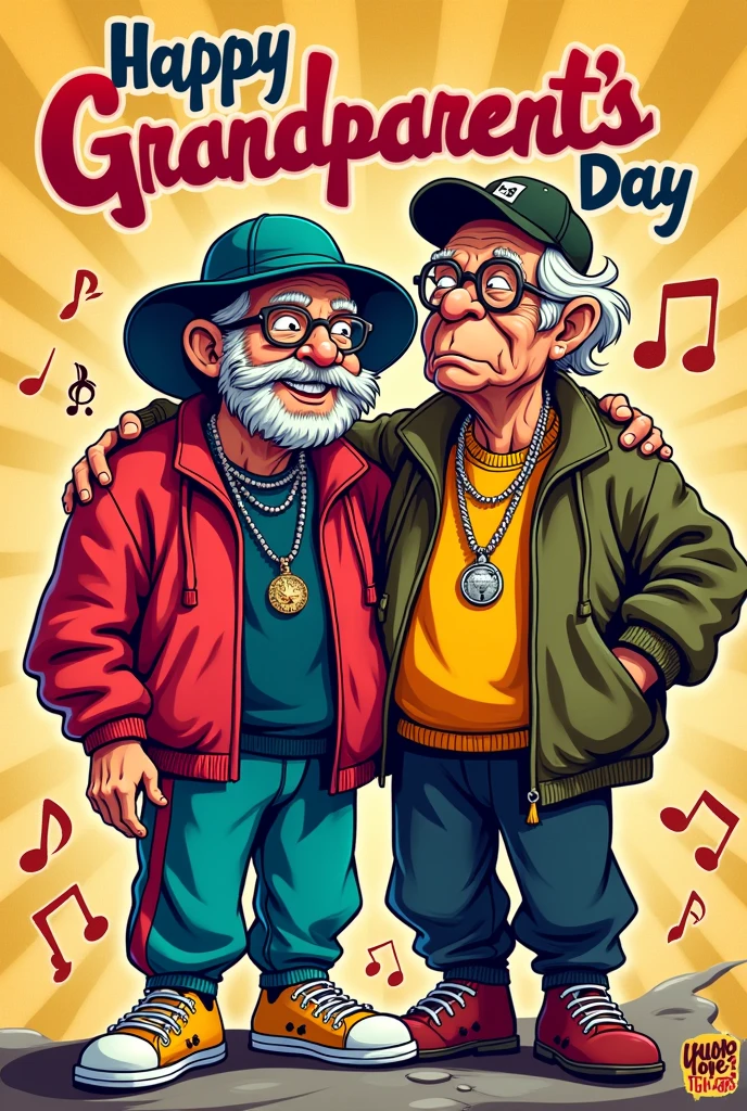 Pair of hip hop grandparents with lyrics that say Happy Grandparents Day and below the lyrics “fuga music”