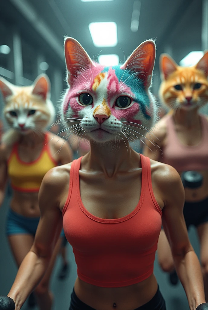 A gym where people in motion who train hard all have cat heads of different colors.