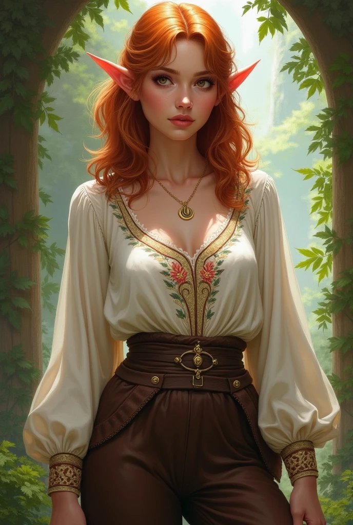An elf woman with orange-brown, shoulder-length slightly curly hair and brown eyes. She is a plus-size woman. She wears a white blouse with beautiful embroidery and dark brown trousers in medieval style. She wears a necklace with a moon around her neck. Fantasy Setting. Realistic art style.