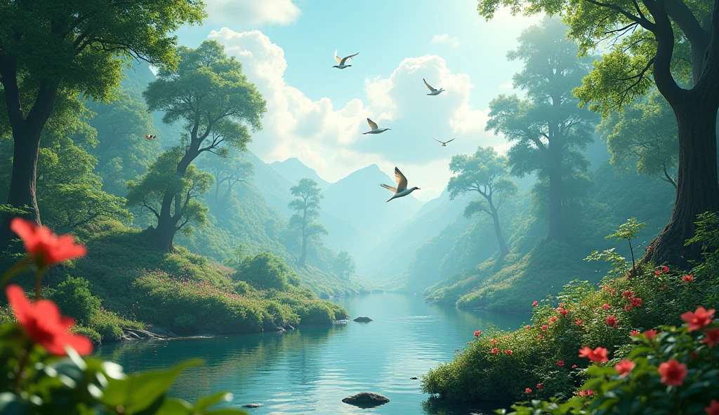 beautiful and beautiful landscape with forest and birds, 4k, photographic and realistic image
blurred image background