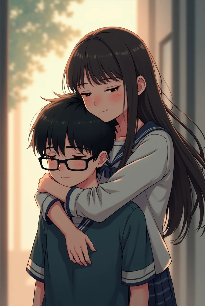 A girl with long hair comforting a sad school boy