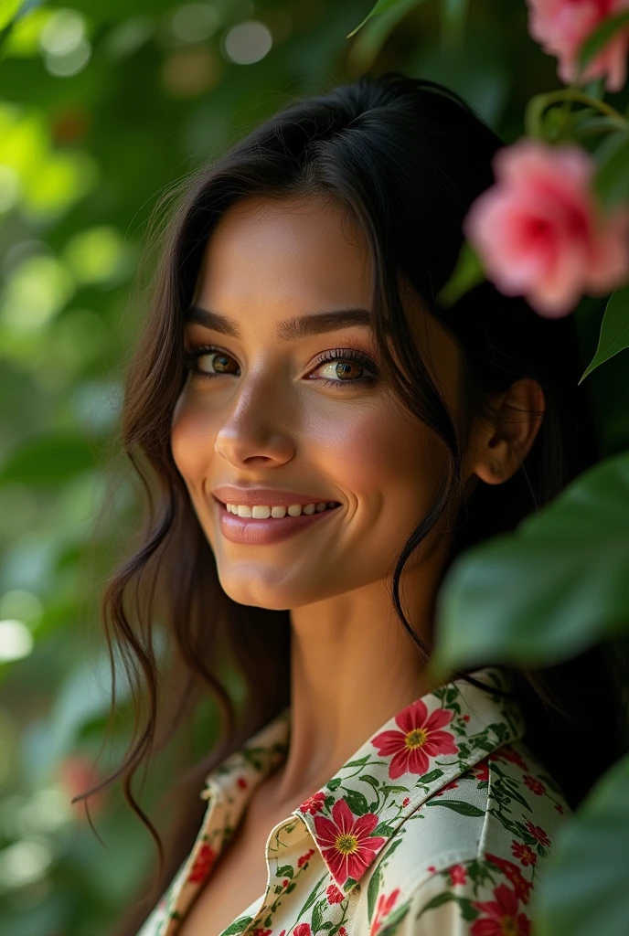 A Brazilian woman in a lush tropical garden, wearing an open shirt with a floral print, with a close-up capturing the harmonious beauty between her breasts and the natural flowers, showing off your natural charm and outgoing personality.