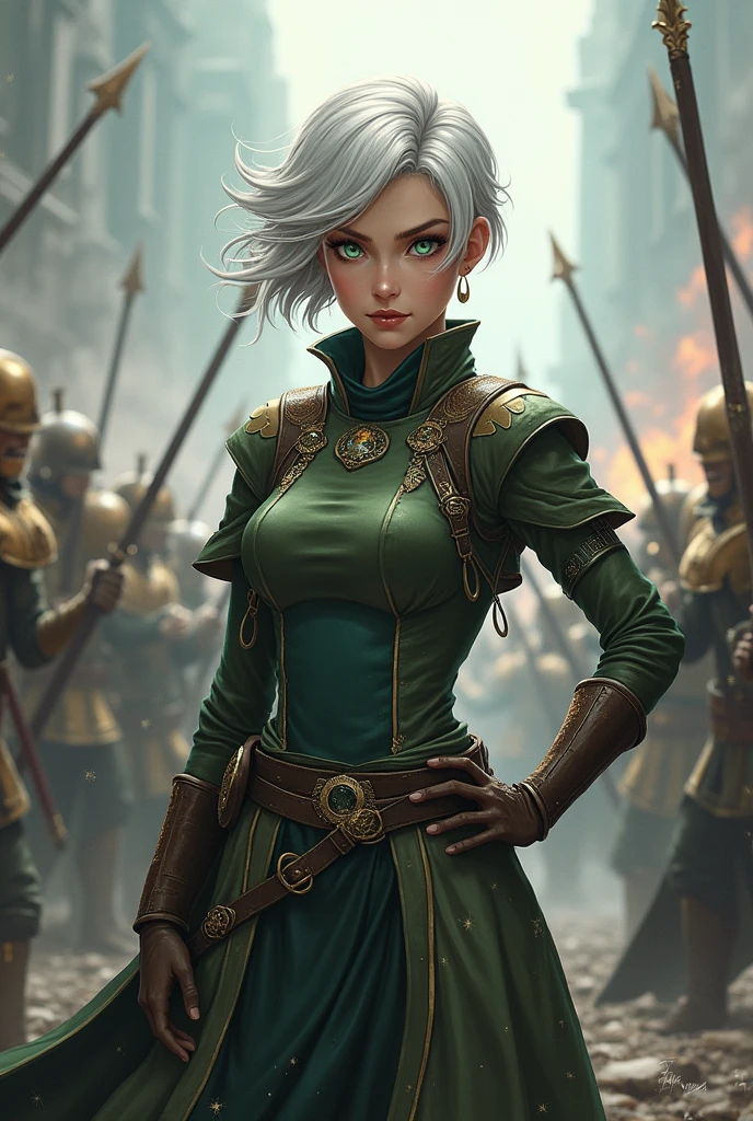 Tia is shown to have a fairly slender figure. She has white-grey hair , she has short hair and large pale green eyes, The girl is surrounded by weapons such as swords and spears, and she proudly exudes confidence and strength.  She may be wearing clothes that suit her military status and reflect her strong personality.  Her face may show an expression not of fear, but of willingness to fight and defend what she believes in, which highlights her strength and determination.  She may have eyes that emanate wisdom and strength, indicating her strong leadership and ability to make decisive decisions.
 She may have a look that reflects both her femininity and strength, perhaps with an elaborate hairstyle and elegant adornments or perhaps a piece of jewelry.  However, she will not be a frowning girl, but rather a smile may appear on her face that reflects her confidence and determination to overcome challenges.
 Perhaps a scene of battle or siege appears behind her, reflecting her essential role in defending what she loves and believes in.  Perhaps there are men surrounding her, celebrating her leadership and courage., cleavage exposed, big breasts, superior quality, many details, Puri focus  Sharp and realistic