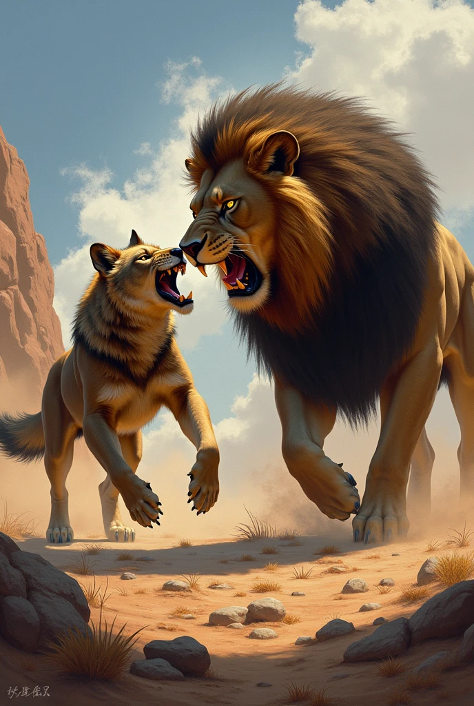 Wolf preying on a lion