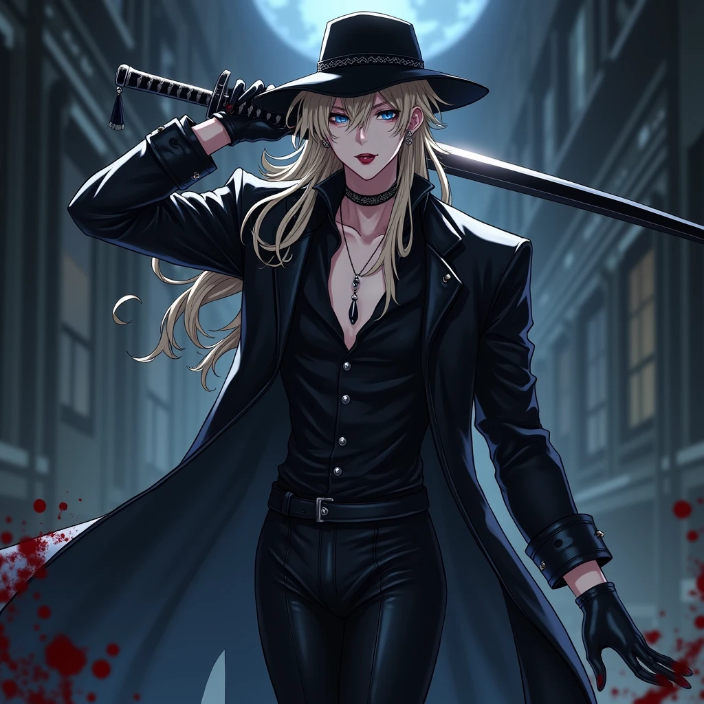 a male, with long dirty blonde hair, Blue eyes, long lashes, delicate features, spooky makeup, a black hat, black gloves, and sexy black clothes. a long sword in hand. blood splatter. Absolute God. Mysterious. midnight. Anime style. Sexy. Smirking mischievously. Red lips. Black eyeliner. With lip ring piercing.Very tight clothes. Shiny. Leather. Dark. (((masterpiece)) ((pretty well drawn)) ((attractive features)) (excellent quality) ((lip ring piercing) A black hat. Black earrings. Necklace. Sexy. Glowing colors. (Sexy pose) ((Hot male)) Ring lip piercing. Long black leather boots. Long black swaying coat.