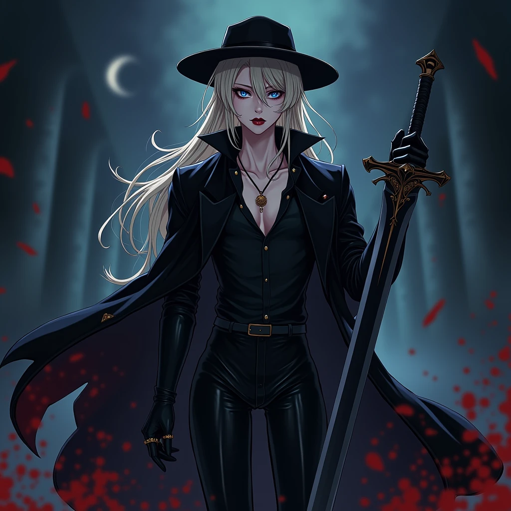 a male, with long dirty blonde hair, Blue eyes, long lashes, delicate features, spooky makeup, a black hat, black gloves, and sexy black clothes. a long sword in hand. blood splatter. Absolute God.  Mysterious. midnight. Anime style. Sexy. Smirking mischievously. Red lips. Black eyeliner. With lip ring piercing.Very tight clothes. Shiny. Leather. Dark. (((masterpiece)) ((pretty well drawn)) ((attractive features)) (excellent quality) ((lip ring piercing) A black hat. Black earrings. Necklace. Sexy. Glowing colors. (Sexy pose) ((Hot male)) Ring lip piercing. Long black leather boots. Long black swaying coat.