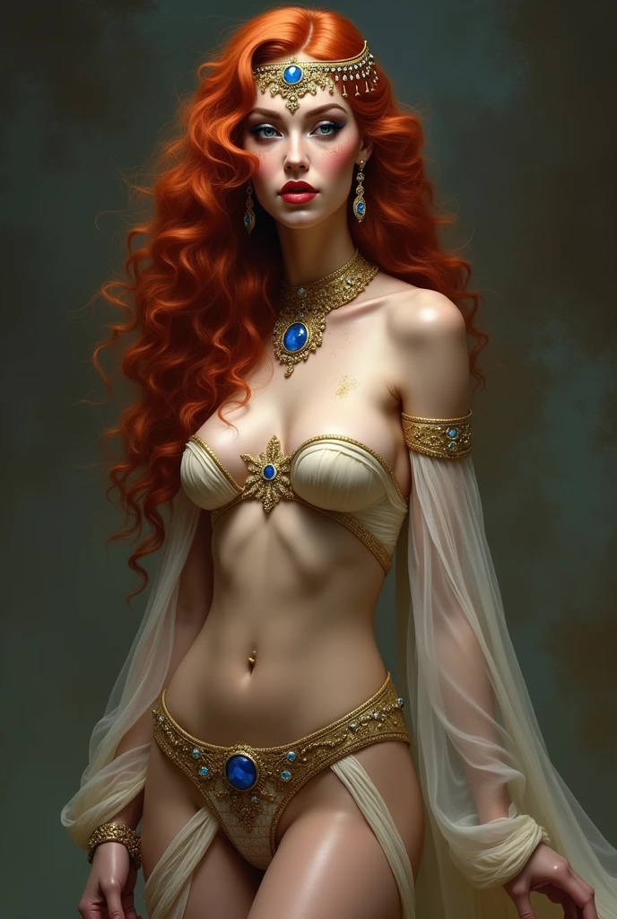 From the neck up, I was regal: my face was adorned with cosmetics— rouge on my lips, a smearing of gold dust on my eyelids, kohl lining my eyes—and my hair was coiled around a small golden diadem it was embedded with lapis lazuli. But from the neck down, I was a heathen god’s plaything. They had continued the pattern of the tattoo on my arm, and once the blue-black paint had dried, they placed on me a gauzy white dress. If you could call it a dress. It was little more than two long shafts of gossaper, just wide enough to cover my breasts, pinned at each shoulder with gold brooches. The sections flowed down to a jeweled belt slung low across my hips, where they joined into a single piece of fabric that hung between my legs and to the floor. It barely covered me, and from the cold air on my skin, I knew that most of my backside was left exposed. My ref hair curled up to my shoulder and my blue eyes glimmered