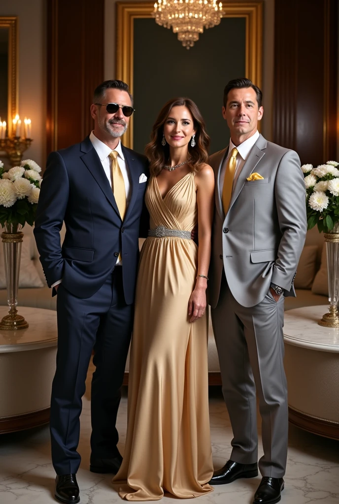 Photo Description da Família Mazzoni
Ambiente:
Location: The photograph is taken in an elegant hall of a mansion or in a luxurious setting with classic and sophisticated decor.. The background consists of walls with dark wood or marble panels., ornate frames, and large windows with silk curtains. There is refined furniture such as sofas with velvet upholstery, marble coffee tables and elegant floral arrangements in crystal vases.
Lighting: The lighting is soft and warm, provided by crystal lamps or chandeliers. The light highlights the details of the costumes and creates a welcoming and sophisticated atmosphere..
Photo Description:
Position dos Membros:
Centralization and Framing: The photograph is well composed, with all four family members centered and framed in a balanced way. They are positioned to create a harmonious visual line and are arranged so that each member is clearly visible..
- John Vicente Mazzoni (Ian Bohen):
Position: Giovanni is in the center, standing, with a confident and dignified posture.
Appearance: He wears a well-fitted navy blue suit, with a white shirt and a gold tie. The suit is complemented by a white pocket square with a gold detail.. He wears stylish sunglasses and a luxury watch. Your hair is neatly combed, and he displays a light, confident smile.
- Clara Williams Dubois Albuquerque Mazzoni (Bridget Regan):
Position: Clara is next to Giovanni, slightly leaning towards him, in a graceful and natural pose.
Appearance: She wears a long dress in gold or champagne tones., with subtle crystal details. The dress has a fluid and sophisticated design. Clara wears her hair tied up in a classic bun or loose in soft waves.. She wears diamond earrings and a delicate necklace.. His smile is warm and genuine.
- Thomas Mazzoni (Tom Welling):
Position: Thomas is next to Clara, standing, with a relaxed and friendly posture.
Appearance: He wears a light gray suit