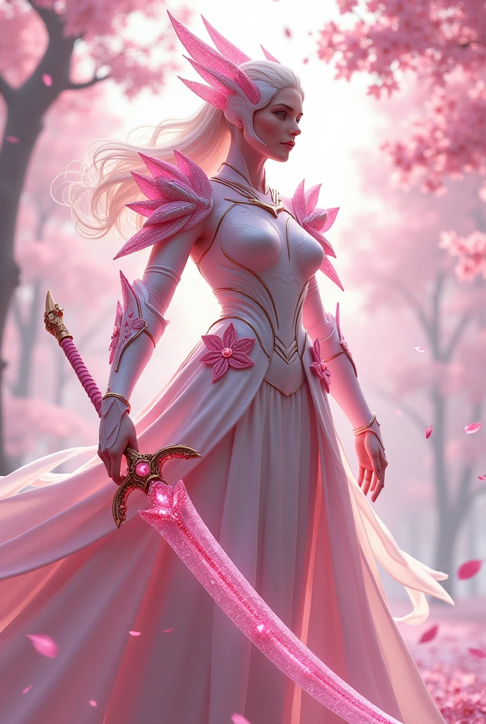 Sakurianas Warrior with the Sakura SwordThe tall, elegant warrior from the Sakurianas species is a vision of grace and power. She wears a unique armor made from a material that appears as delicate as Sakura petals but is 100 times stronger than diamond. The armor has a shimmering pink and white color scheme, resembling the natural hues of cherry blossoms. Intricate patterns of blooming Sakura flowers adorn the chest plate and shoulder guards, giving the armor an organic and fluid appearance. Her helmet, with a visor shaped like overlapping petals, completes the look, fitting perfectly to her form. Glowing pink veins of energy run through the armor, reflecting the regenerative and powerful nature of the wearer.In the warrior's hand is the Sakura Sword. This sword features a long, slightly curved blade forged from a pink metallic material that softly glows with a delicate aura. The blade is engraved with subtle designs of Sakura branches, which shimmer in shades of pink and gold as light hits it. The hilt is wrapped in pearl-white leather, adorned with rose gold accents, and at the base of the hilt, a small Sakura flower carved from rose quartz adds a final touch of elegance. The minimalist guard of the sword, decorated with small pink crystals, echoes the delicate branches of a cherry blossom tree.