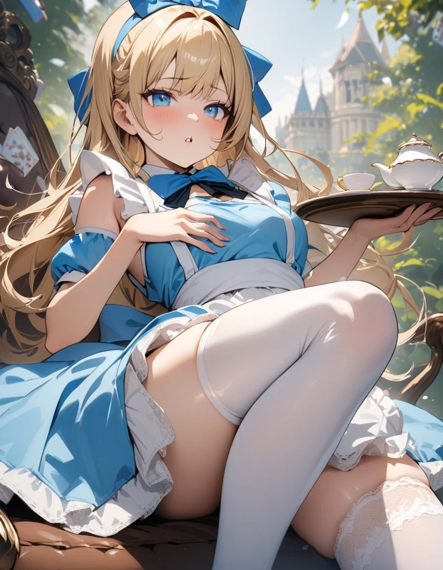 masterpiece, Highest quality, Portraiture, 1 Girl, (Alice in Wonderland:1.2), Blue clothes, White apron, Blonde, blue eyes, Usagi, Trump, Tea cup, White lace thigh high socks, Miniskirt lift, Half Body, Dynamic pose