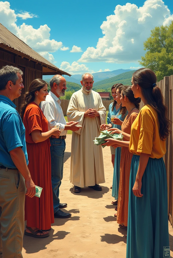 Color drawing of people giving money to a not so young priest at a ranch