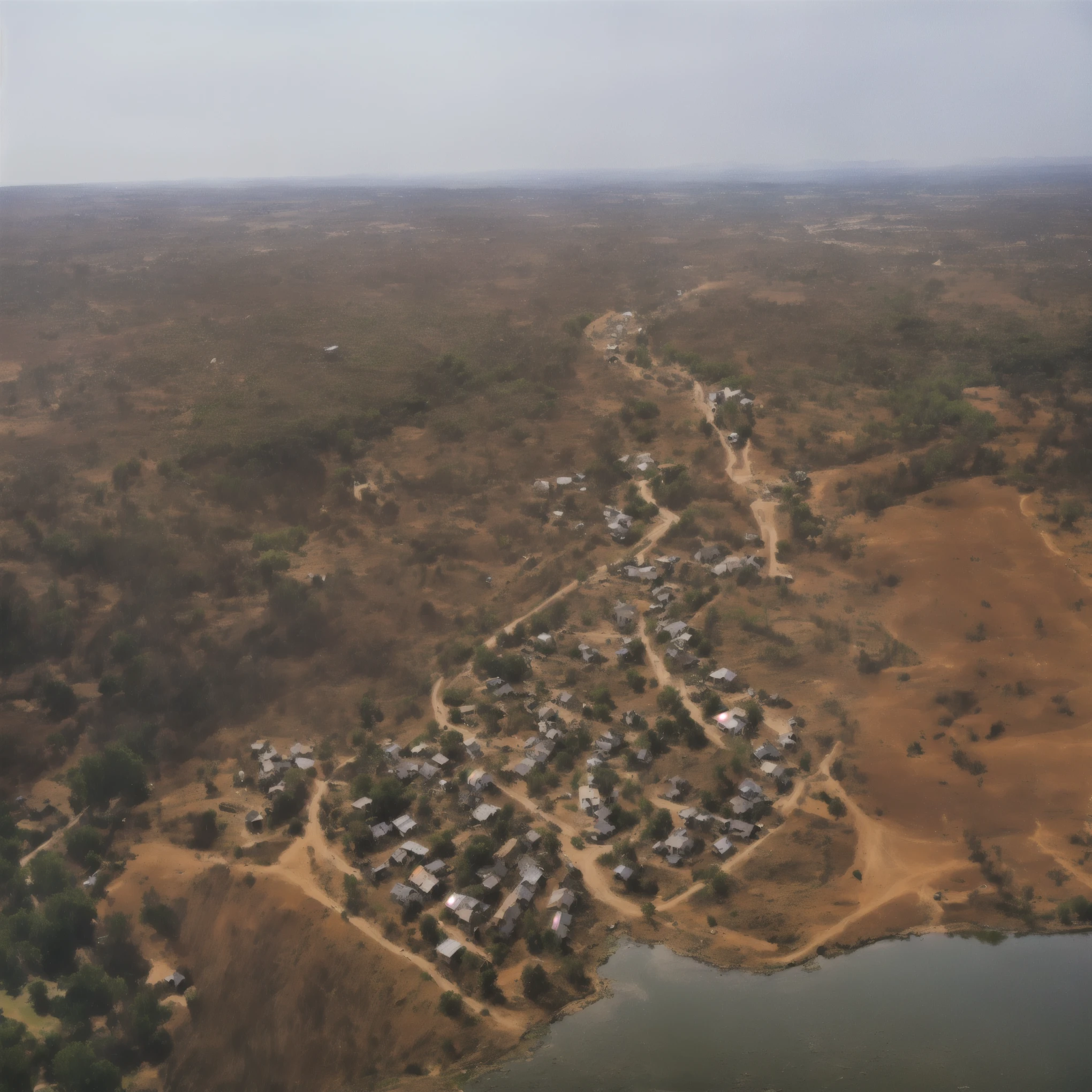 aerial view of a small small town in a barren area with a lake, by Dietmar Damerau, small town, sparsely populated, por Robert Jacobsen, hamlet, above view, stunning view, above a small town, Aerial view of an ancient land, Somalia, por David Burton-Richardson, stunning visual, photo taken from above, samburu, photograph from above