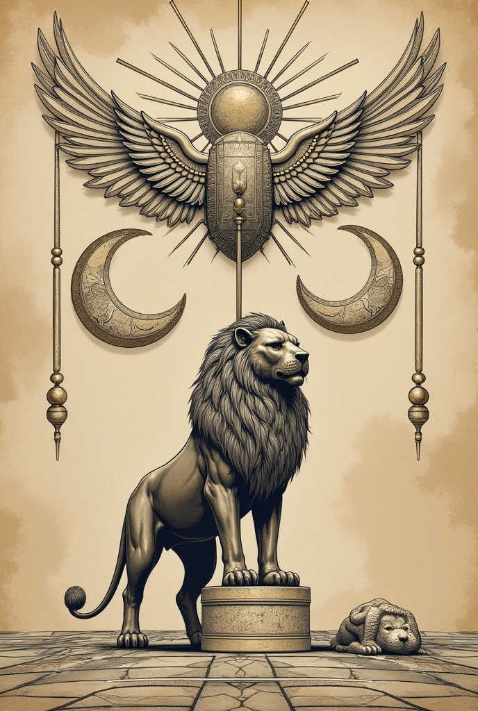 : a winged solar disk representing the sun god Shamash, a crescent of the moon-god Sin and a lion-headed mace on a pedestal. 