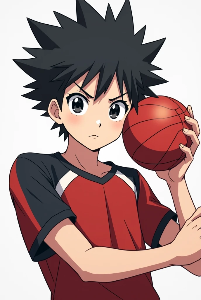 A male teenager wearing a Dodgeball team uniform, holding a small red dodgeball. her hair is black , short and spiky upwards, your skin is white and your eyes are black and small and serious. anime styling. He is a little tall and his eyes are serious. His face has a serious expression and the shape of his jaw is thin.. He is throwing the ball somewhere with great force
