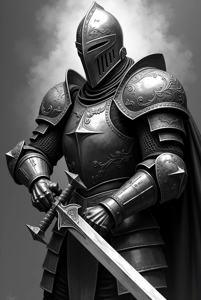 Black and gray tattoo design template: a full-body medieval knight, of the helmet, holding a sword in attack position