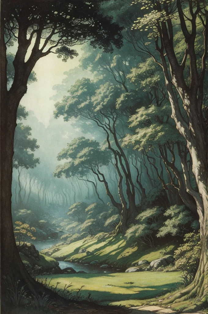 An Arthur Rackham style illustration of a forest glen