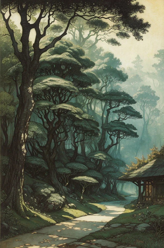 An Arthur Rackham style illustration of a forest glen