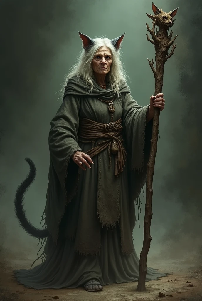 An old woman with cat ears and a cat tail, staff in hand, in old clothes, Art,