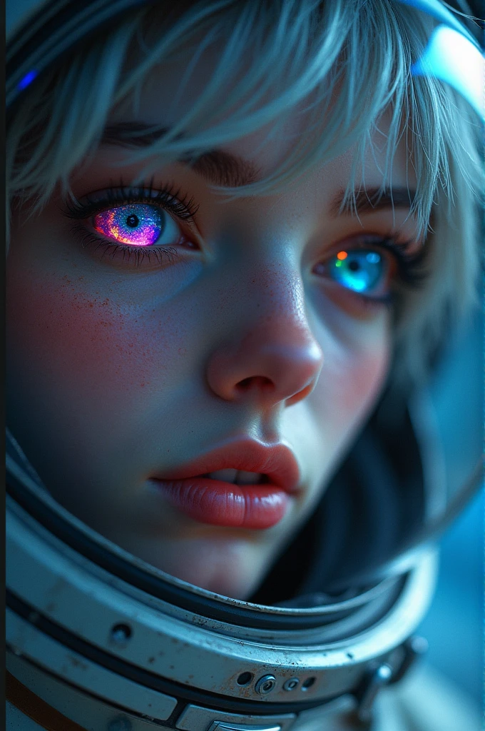 (Close-up of a better masterpiece:1.5)0.9], (Space and astronauts:1.2) (Messy silver hair:1.1) (Heterochromia xanthochromia and blue eyes:1.2) (Space Helmet:1.0) (Colored stars in the eyes:1.0) (A radiant glow:1.1) (thick lips:0.9)