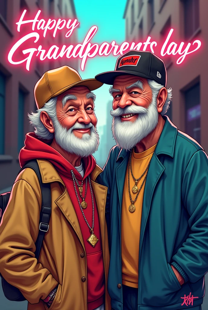Hip hop grandparents pair with letters that say happy grandparents day and below the letters “fuga”