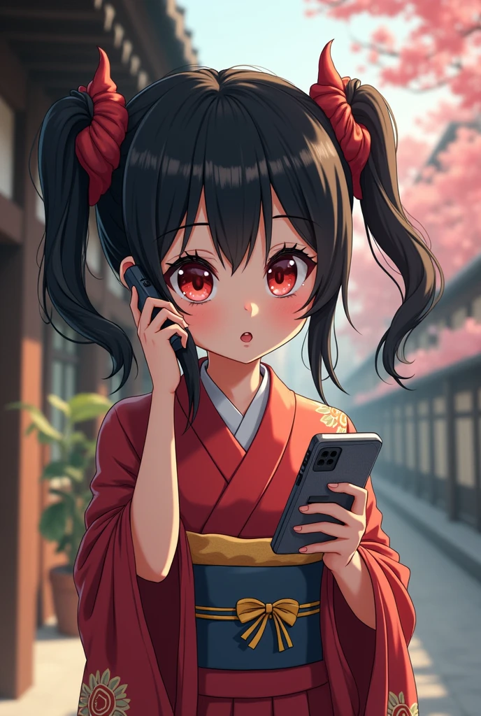 Image of nezuko talking on cell phone 
