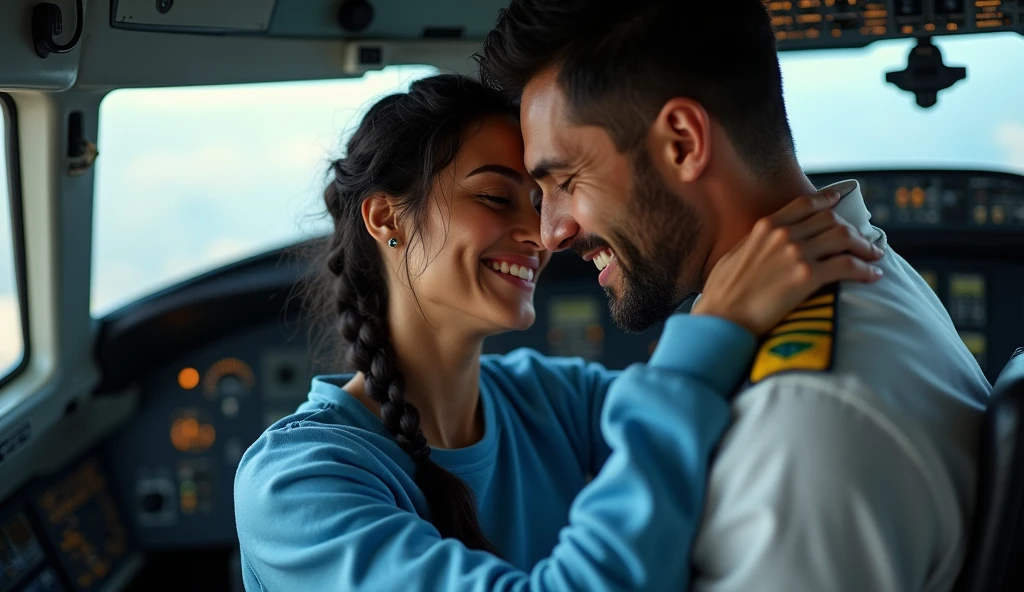 (photorealism: 1.2), hot brazilian sexy girl in sexy dynamic pose. raw portrait photography, hyper realistic and detailed face, complex and realistic skin texture, hot body, athletic body, smiling, long black hair with braid, dressed with long blue sweatshirt, with her handsome tanned guy, brazilian, beard and nice smile, green eyes, black hair, white pilot shirt in the cockpit of an airbus