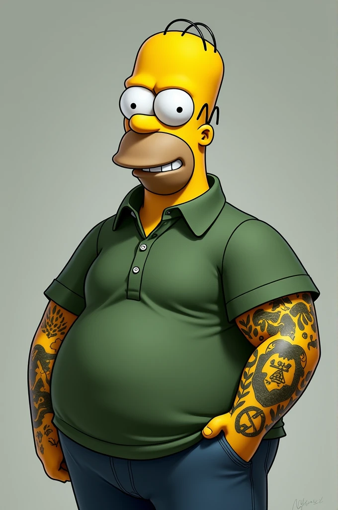 Omero simpson original with tattoos on his arms, small beard, that he is smiling, with a medium belly and a green shirt