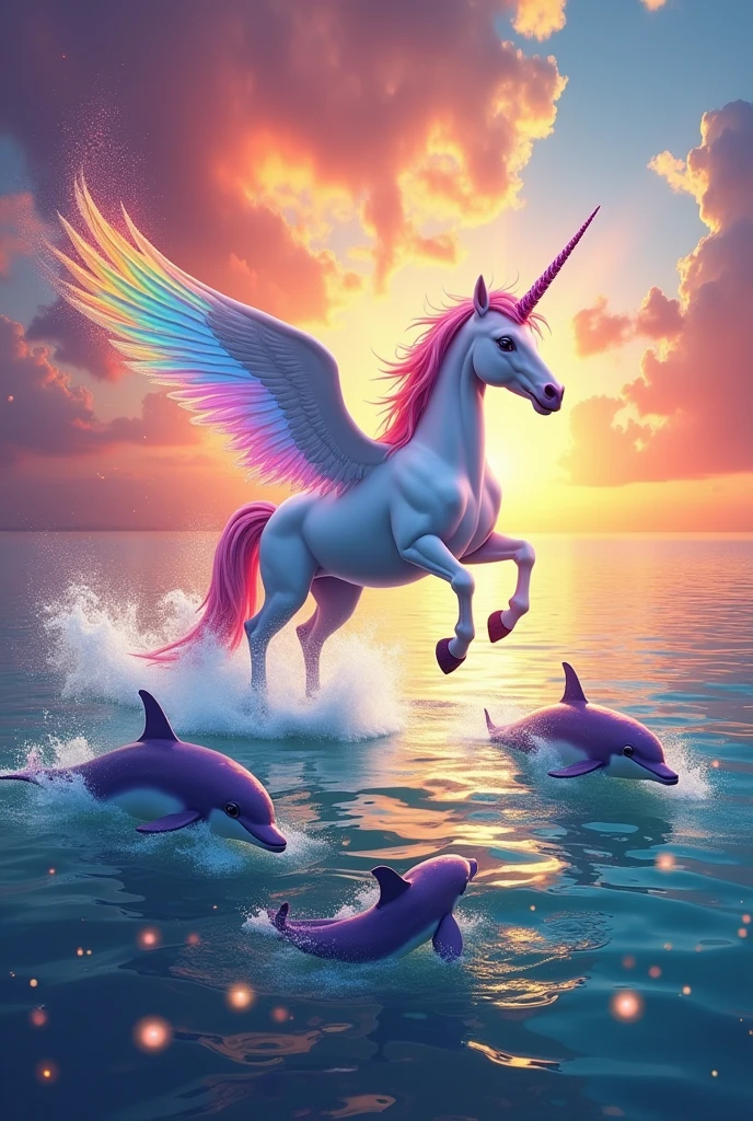 Flying unicorn with rainbow and dolphins with many colors, more colors and flying dolphins, more unicorns, more colors in the sky and the water