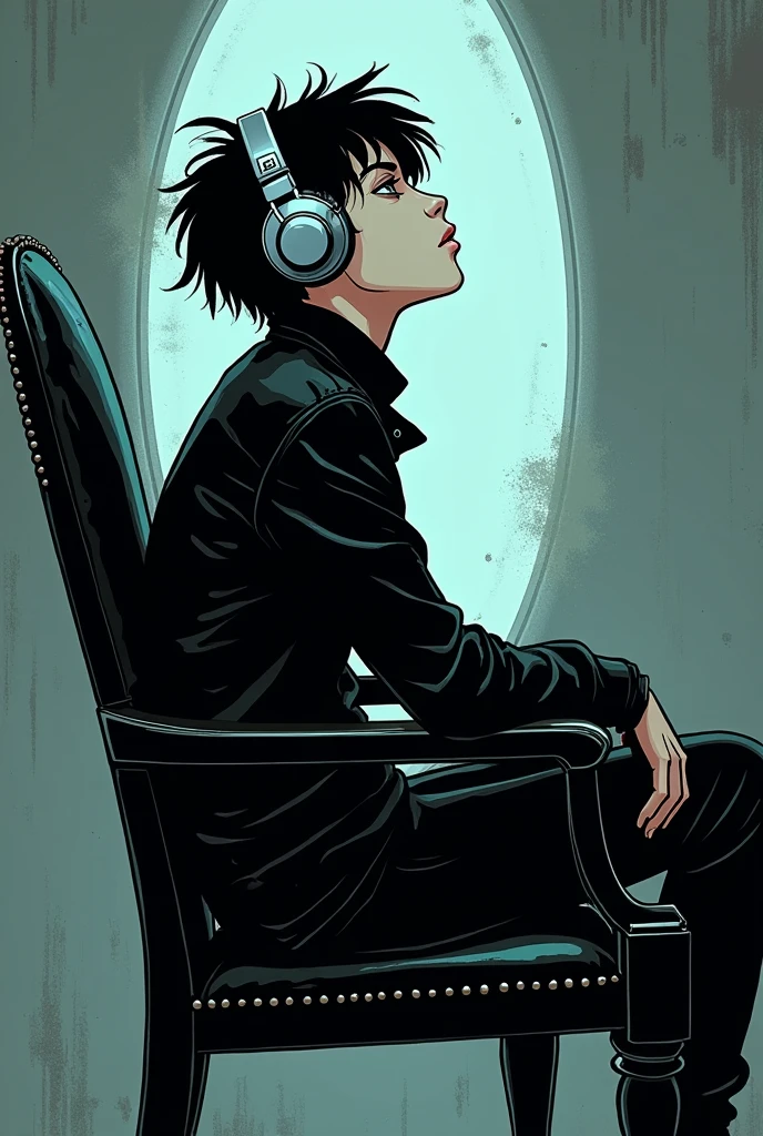 A gothic boy illustrated in a comic book style, with bold lines and dark, moody colors, sitting in profile on a chair, full body. The boy has pale skin, dark, messy hair, and is dressed in a black outfit with silver accessories, wearing large headphones over his ears. His body turned sideways, face up