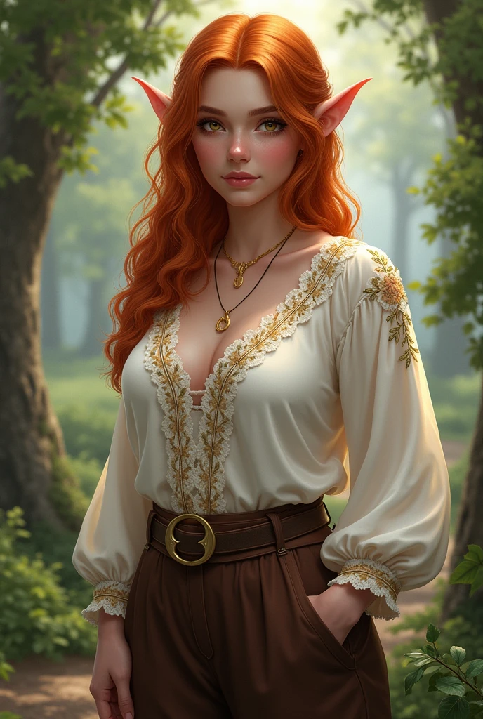 An elf woman with orange-brown, shoulder-length slightly curly hair and brown eyes. She is a plus-size woman. She wears a white blouse with beautiful embroidery and dark brown trousers in medieval style. She wears a necklace with a moon around her neck. Fantasy Setting. Realistic art style.