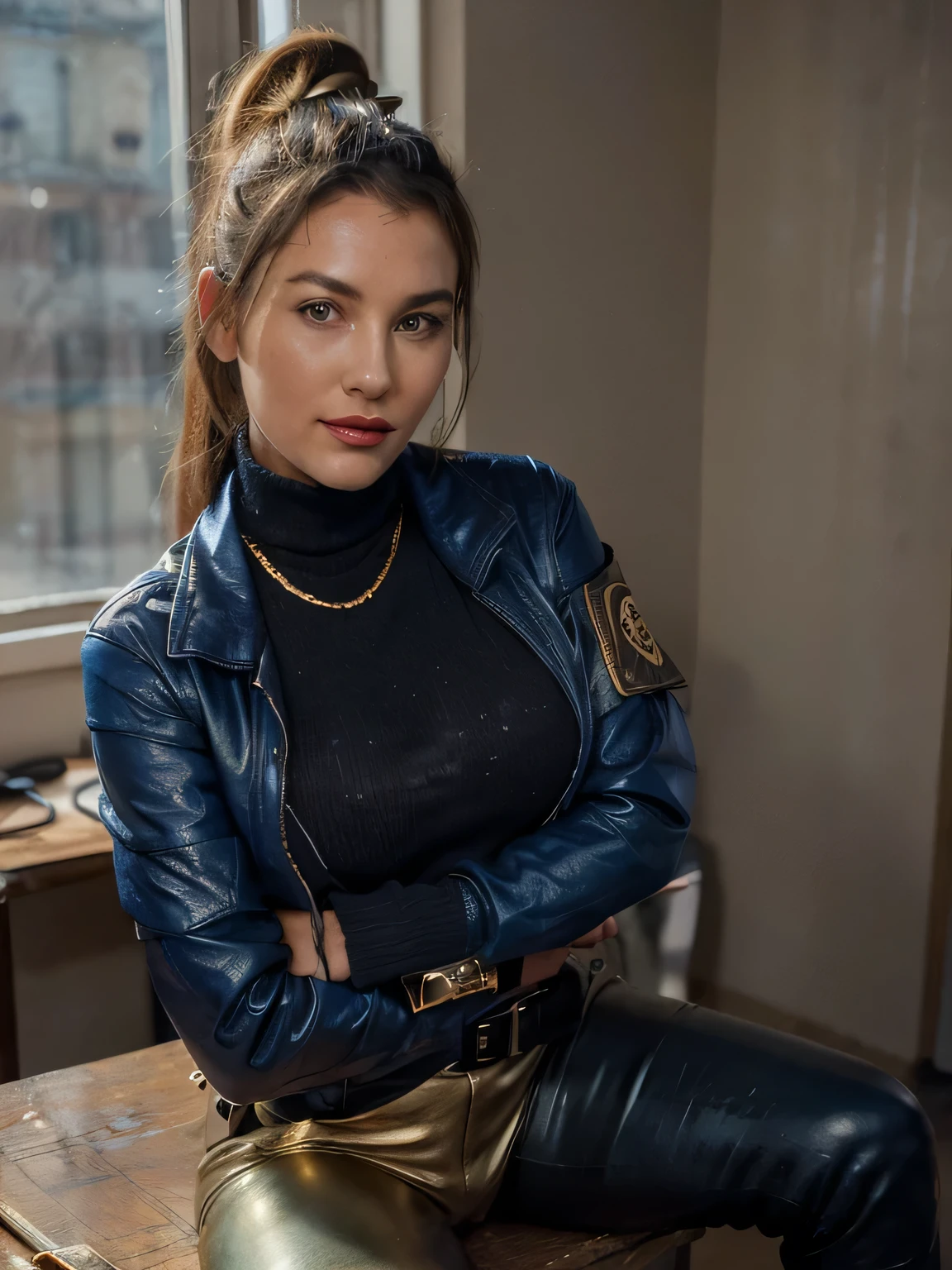 photo of a completly clothed sniper killer woman with a smile sitting on her desk legs crossed( no nudity) ,waitin for the man she loves , monica bellucci at 32 , ((incredibly clear clear blue eyes )) (( flirting with the camera)) (( smart smiling lookin at the camera)) (( red lipstick)) (( Monica is dressed with a blue tellier jacket blue turtleneck sweater , gold chain, and black leather pants inside the boots,:1.2 )) (( she is a killer and she is pointing the gun at me )) (( black ponytail hair)) (( black killer  gloves )) (( standing with crossed arms)) (( the photo is from up front worms eyes view )) 4k 8k ultradetailed, kodak print, detailed realistic face, 4k 8k ultradetailed, smooth images, realistic woman, detailed eyes, detailed face, detailed lips