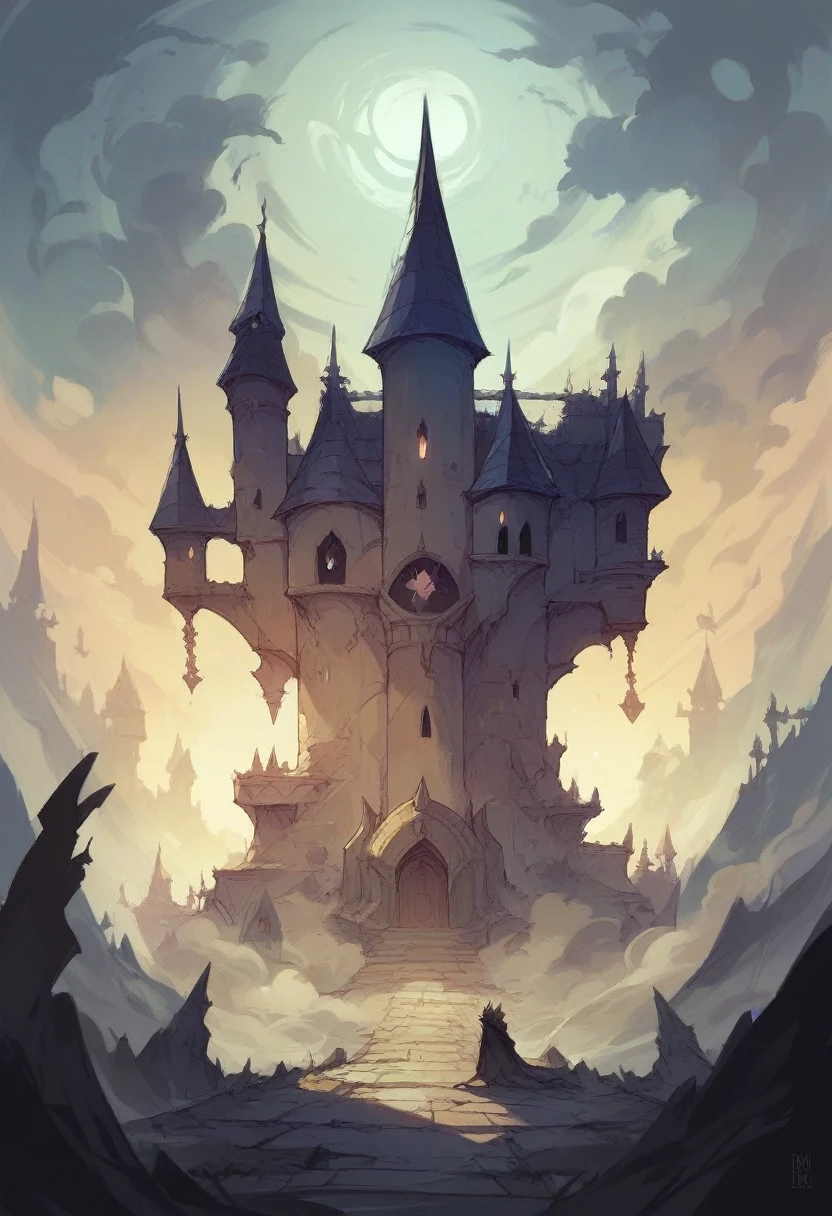 Create an image of a place with a fog and a dark castle