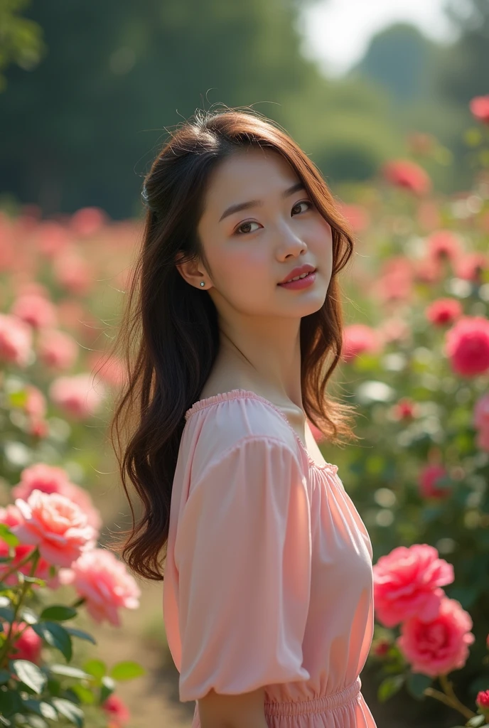 a serene and carefree photo of a leisurely, Asian beauty enjoying her time while strolling through arose garden,Longshot(Ls),Hair care hair, hair smooth,surrounded by blooming rosespastel and natural colors, hues of roses and thegarden, soft, natural lighting with a mix of unrays and dappled shade, etherealtmosphere, medium shot with a slight depth ofeld will emphasize the lady and the roses. 50mm lens, lifestyle photography, fine art, andethereal design style, by Annie Leibovitz, TimWaller, --ar 3:5,--v 6.1,--stylize 250