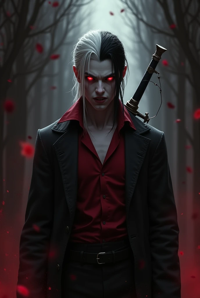 black and white hair vampire teeth red eyes black and red shirt sword on the back