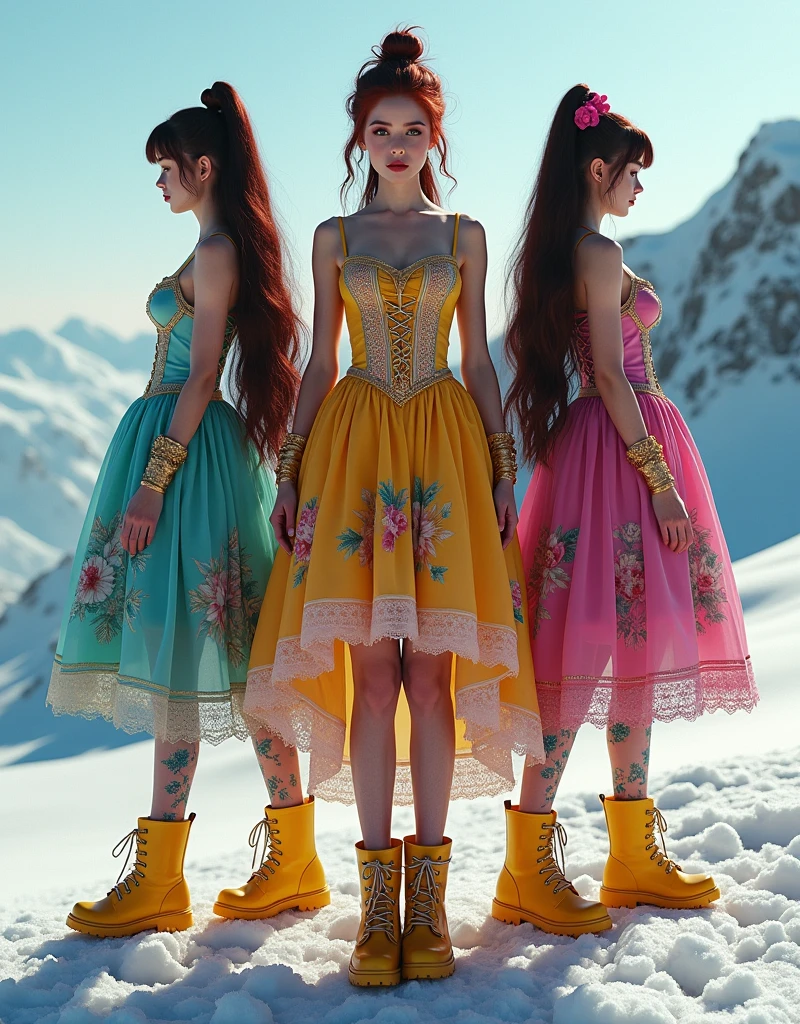 Nine-head body, Group photo, ((multicolored)),Three or girl one Short dark red, tied back in a messy bun, second brunette long hair, third brunette long hair, Model figure, long-legged woman, A woman in a luxurious and elaborate lolita dress, wearing yellow wellies shoes with ornate details, patterned tights, standing on a snowy mountain, with reflective skin and reflective clothing, venus body, full body shot, ray tracing, reflection light, chiaroscuro, UHD, masterpiece, anatomically correct, textured skin, super detail, high quality, 4K, higher, girls smiling, have fun