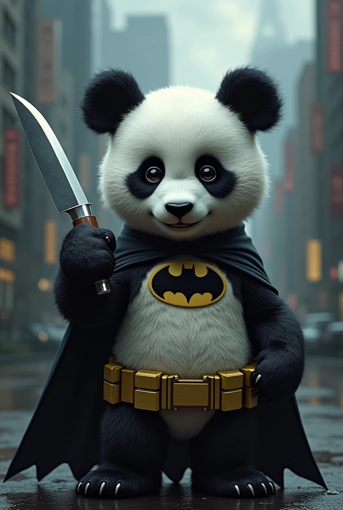 A cute panda dressed as Batman with a knife