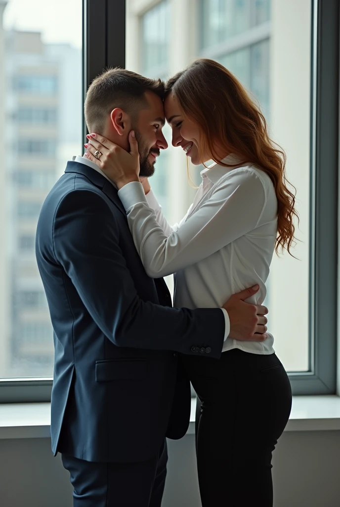 ( tall chubby Amanda Righetti strong woman hands )(woman hands holding at neck of shorter man head at her neck level from behind )(standing whole body tall comparison) (very different tall heights)(wearing office manager )(close to windows ) . High resolution. 8K, very high definition,real people captured camera ., photo