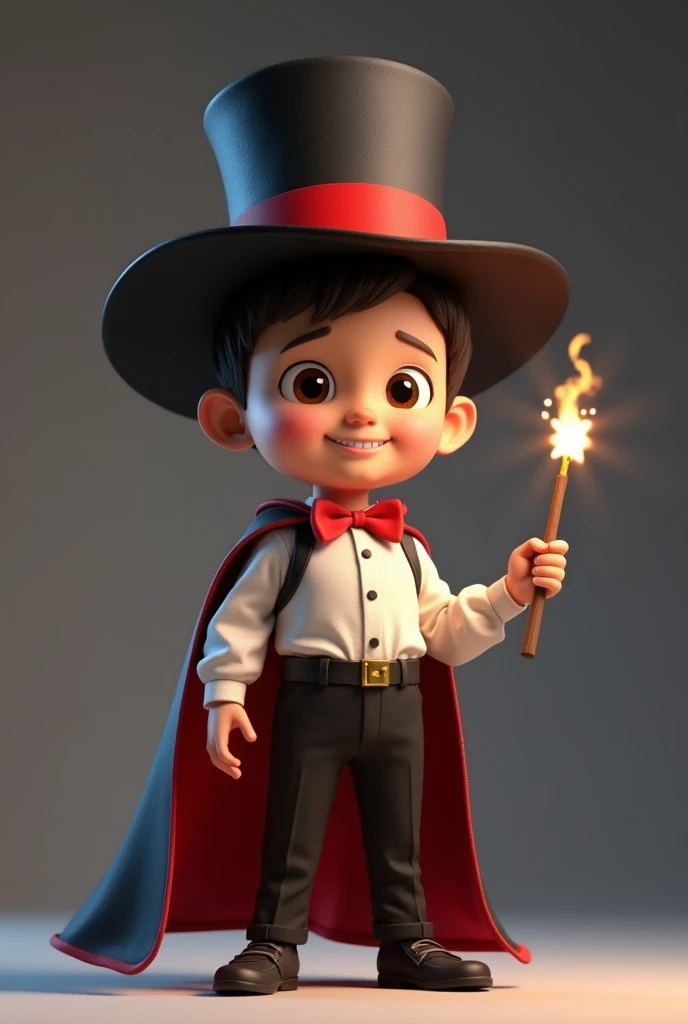 (boy with dark brown eyes and hair), black pants, red bow tie, black cape, white shirt with a red stripe on the belly, black magician's hat on his head with a red stripe (smiling and with a magic wand in his hand), developer , facing us, 3d rendering, pixar style, (detailed digital art), stylized 3d rendering, c4d, (full height), high quality, composition, masterpiece, art station, solid background