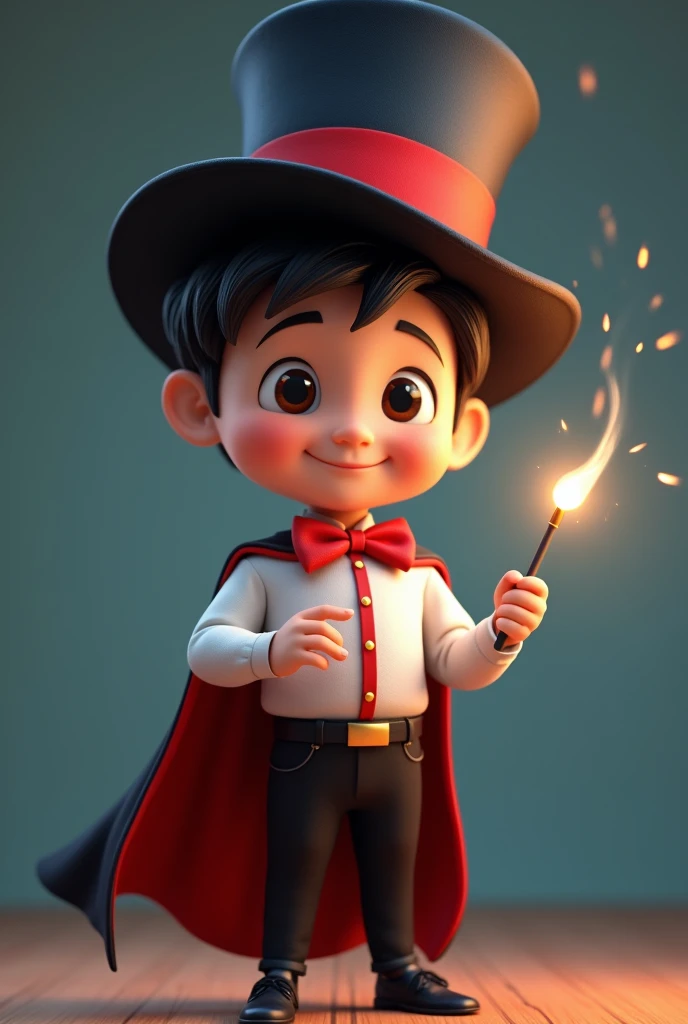 (boy with dark brown eyes and hair), black pants, red bow tie, black cape, white shirt with a red stripe on the belly, black magician's hat on his head with a red stripe (smiling and with a magic wand in his hand), developer , facing us, 3d rendering, pixar style, (detailed digital art), stylized 3d rendering, c4d, (full height), high quality, composition, masterpiece, art station, solid background