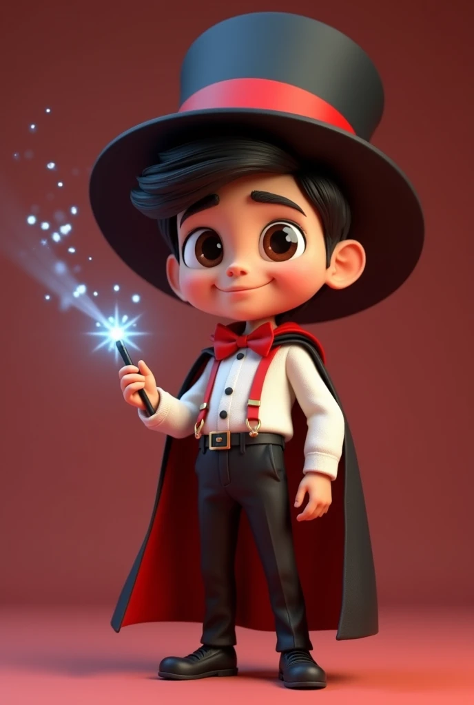 (boy with dark brown eyes and hair), black pants, red bow tie, black cape, white shirt with a red stripe on the belly, black magician's hat on his head with a red stripe (smiling and with a magic wand in his hand), developer , facing us, 3d rendering, pixar style, (detailed digital art), stylized 3d rendering, c4d, (full height), high quality, composition, masterpiece, art station, solid background