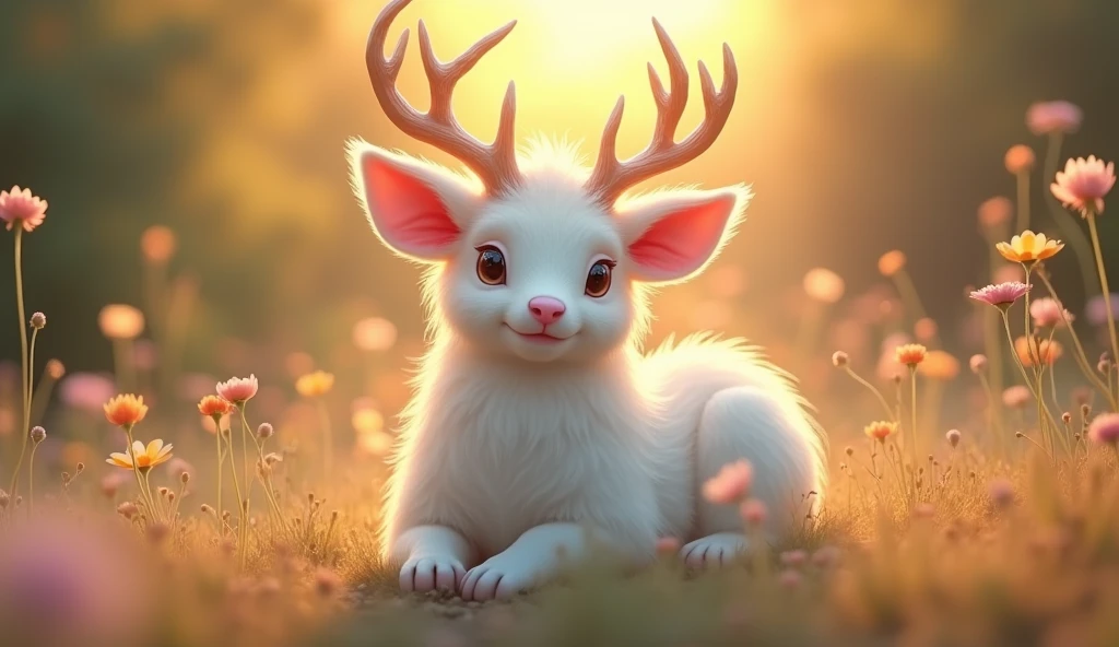 Her hangi bir hayvan, 32K UHD, warm tone, afternoon sunlight, white fur, pink snout, antlers 