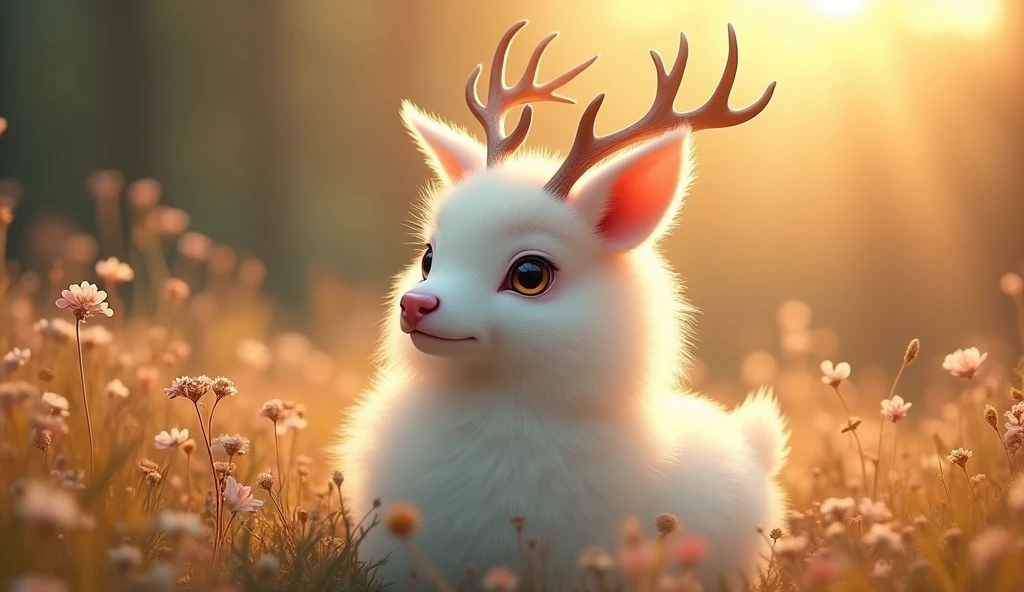 Her hangi bir hayvan, 32K UHD, warm tone, afternoon sunlight, white fur, pink snout, antlers