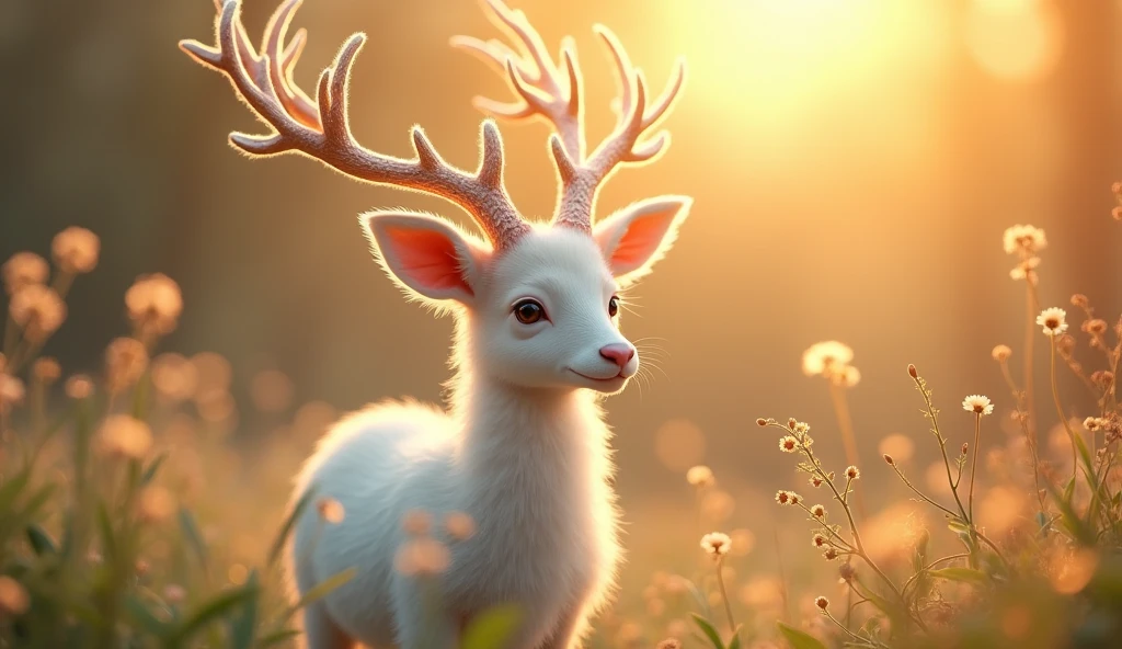 Her hangi bir hayvan, 32K UHD, warm tone, afternoon sunlight, white fur, pink snout, antlers