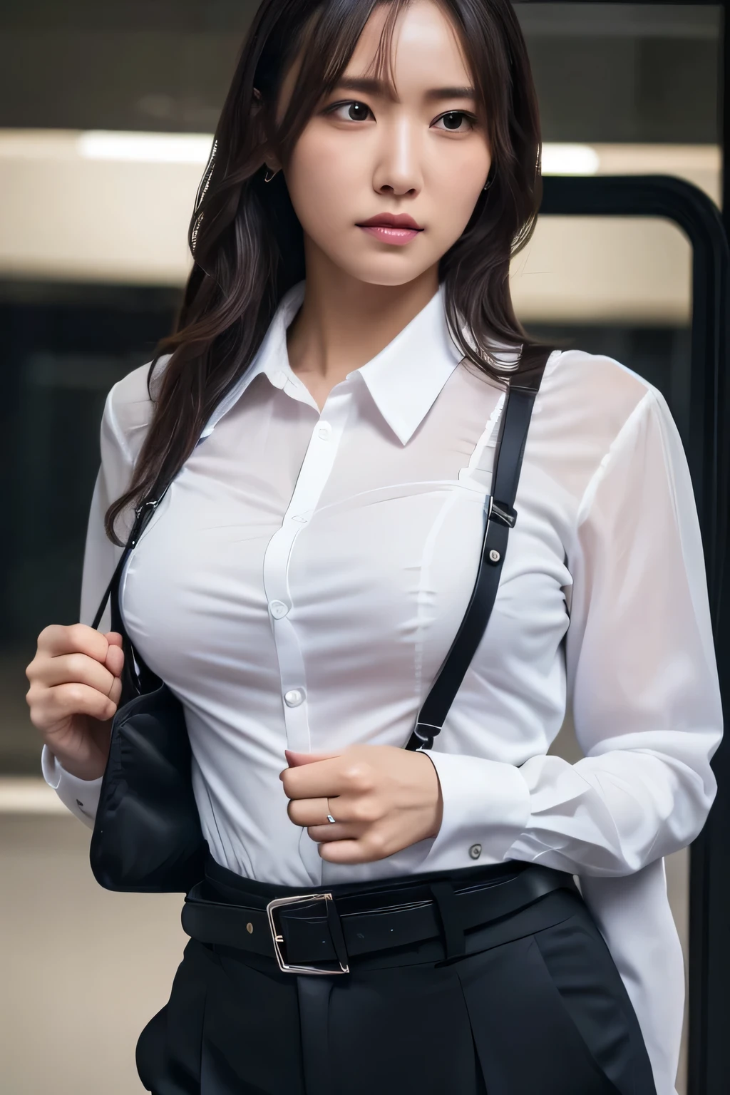 a woman in a suit, belt, hands behind back, sweating, suspenders, black pants, sexly, large breasts, see-through clothing, rain, detective, office worker, white button-up shirt, (best quality,4K,8k,highres,masterpiece:1.2),ultra-detailed,(realistic,photorealistic,photo-realistic:1.37),hyper-detailed,highly detailed face and body, Slender　thin　suspenders　Moderate breasts　See-through shirt　Nipples　holster　chain　Pistol　Armament　criminal　Female criminal　knife
