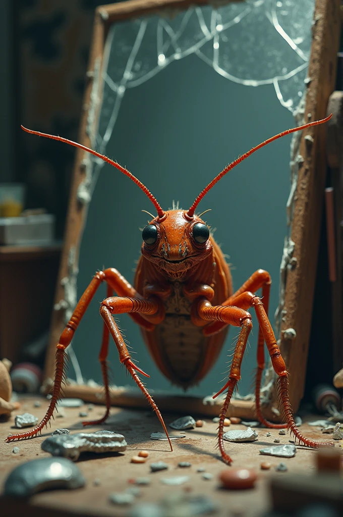 I want a brown cockroach with 8 legs and 2 antennas standing in front of a broken mirror with a face of terror and a messy room around it.