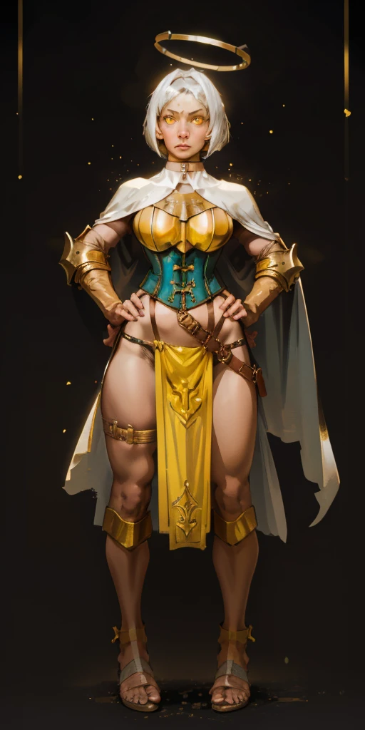 (black background) paladin lady in ornate golden armor, pauldrons, breastplate, corset, glowing halo, short hair, bob hair style, white silver hair, yellow glowing eyes, bright pupils, eye focus, red cape, particles, light beam, chromatic aberration, full body, whole body 1solo (girl) loincloth standing, hands on hips, metal sandals, leather black choker, big belt, view from below, feet together, bracers, tiara, fingers crossed, Sunglasses